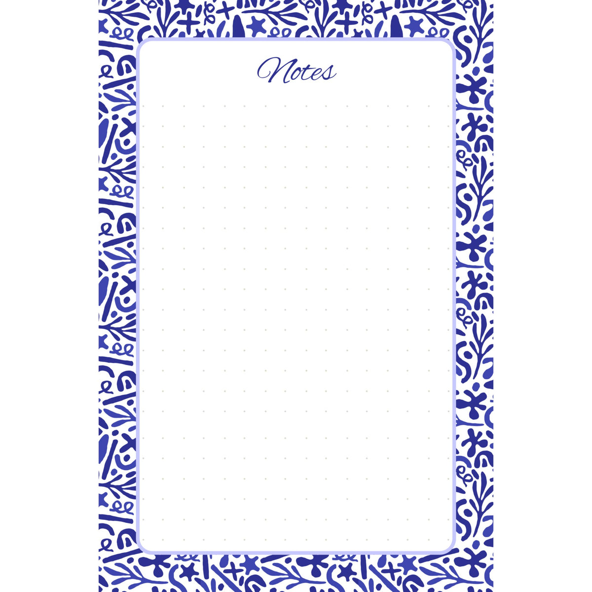 Front view of the Indigo Botanica memo pad with a bold indigo botanical pattern surrounding a white, subtly dotted writing panel.