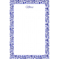 Front view of the Indigo Botanica memo pad with a bold indigo botanical pattern surrounding a white, subtly dotted writing panel.