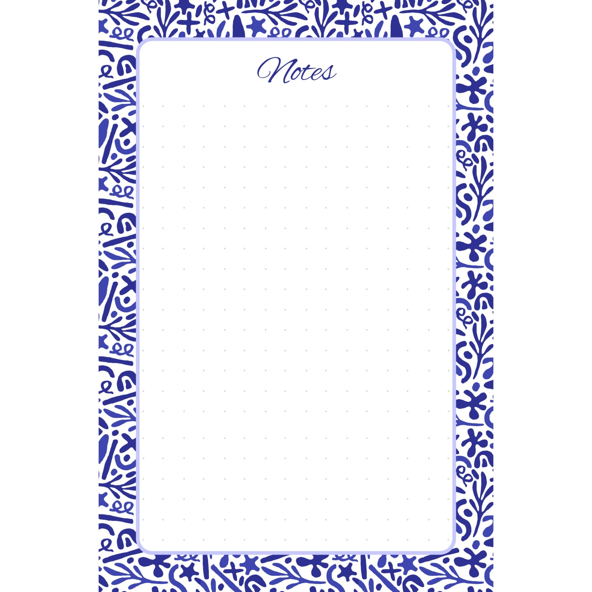 Front view of the Indigo Botanica memo pad with a bold indigo botanical pattern surrounding a white, subtly dotted writing panel.