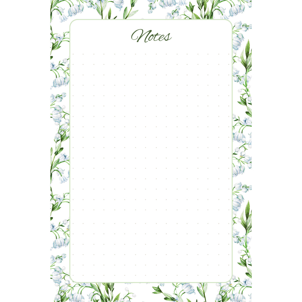Front view of the Lily of the Valley memo pad with pale blue blossoms and green foliage surrounding a spacious dotted writing panel.