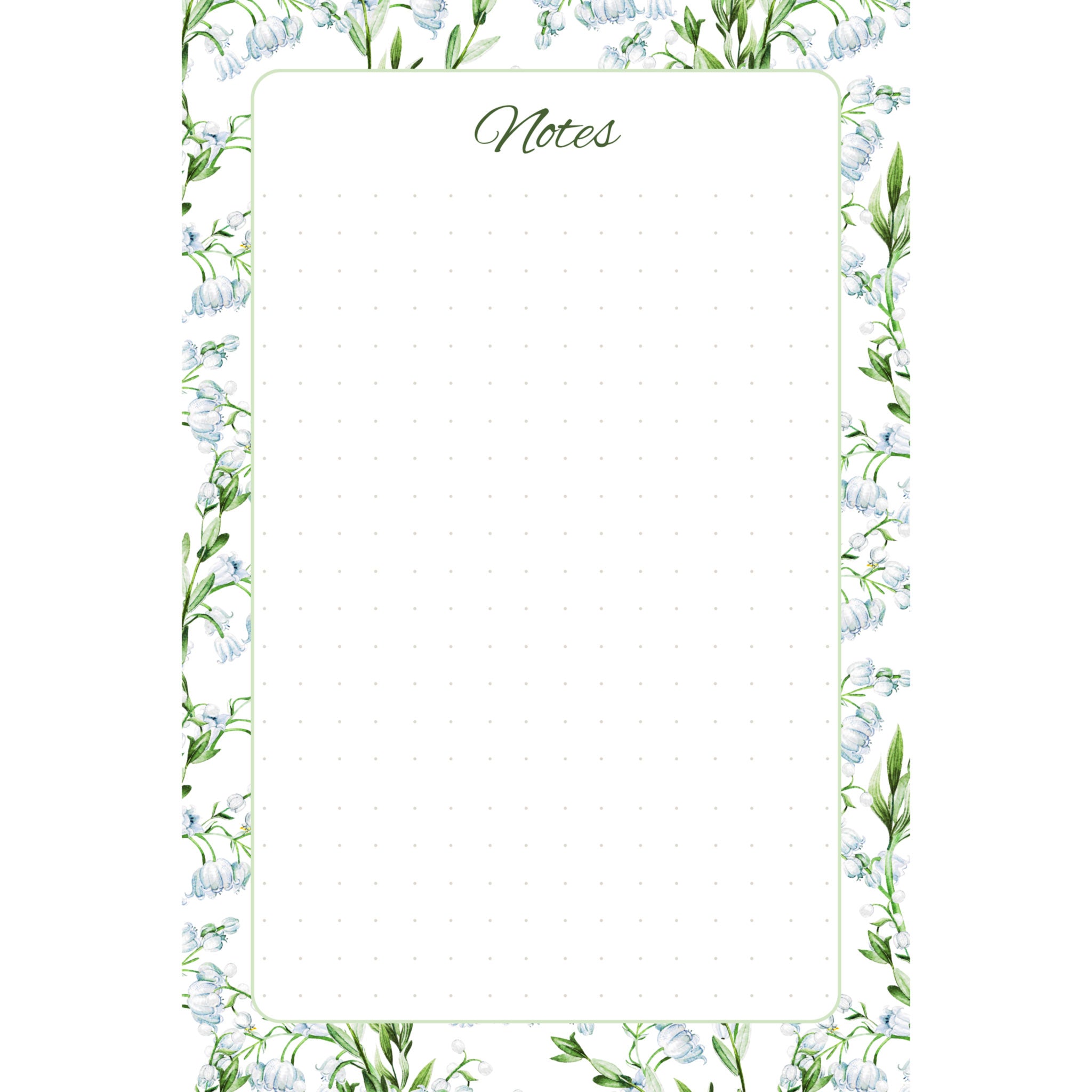 Front view of the Lily of the Valley memo pad with pale blue blossoms and green foliage surrounding a spacious dotted writing panel.