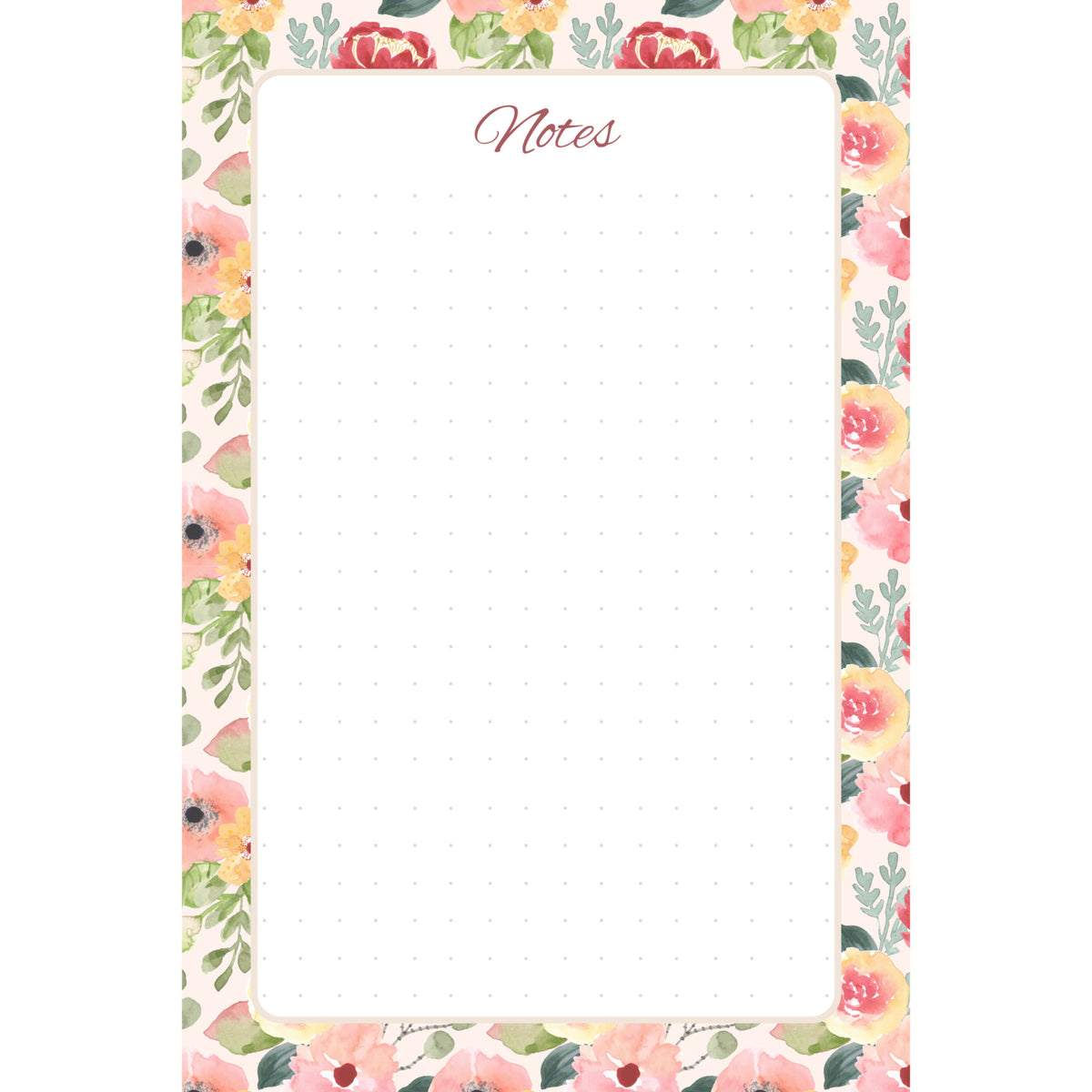 Front view of the Painter’s Garden memo pad with blush, coral, red, and yellow flowers framing a spacious, subtly dotted writing panel.