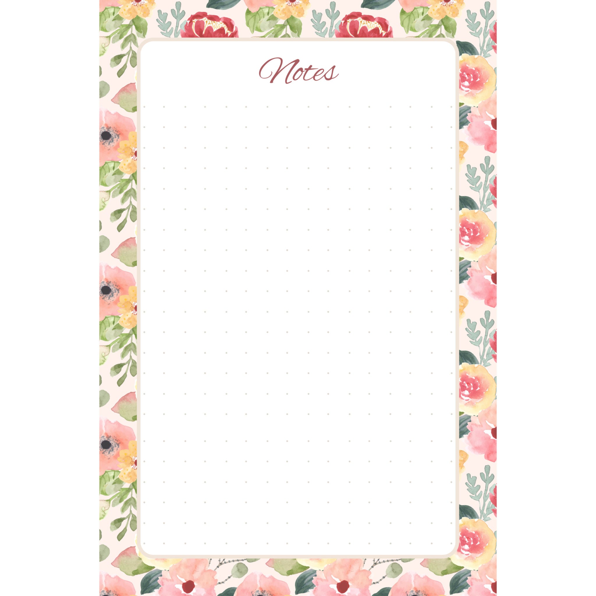 Front view of the Painter’s Garden memo pad with blush, coral, red, and yellow flowers framing a spacious, subtly dotted writing panel.