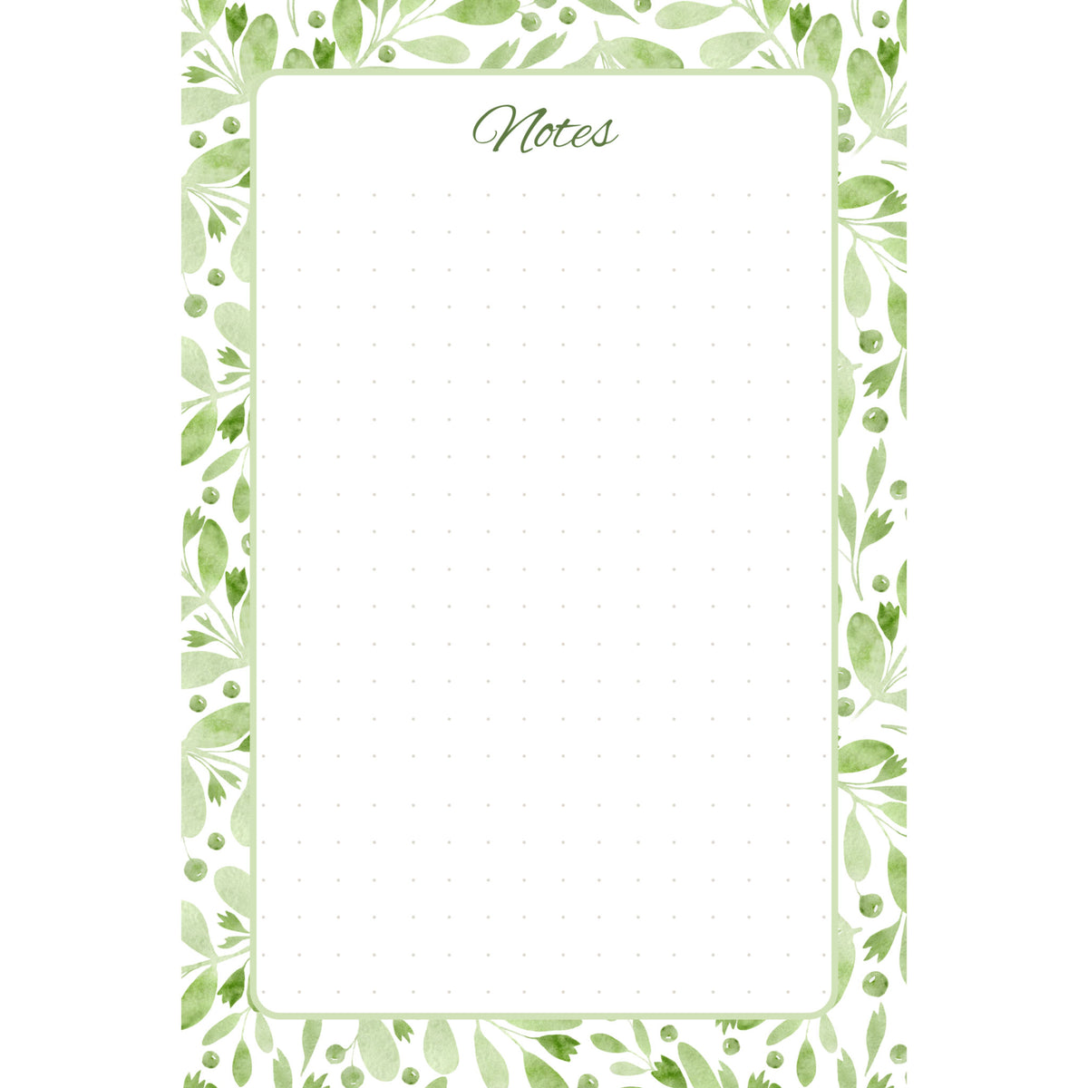 Front view of the Sage Botanica memo pad with layered sage-green foliage framing a spacious, subtly dotted writing panel.