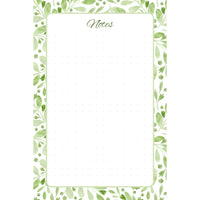 Front view of the Sage Botanica memo pad with layered sage-green foliage framing a spacious, subtly dotted writing panel.