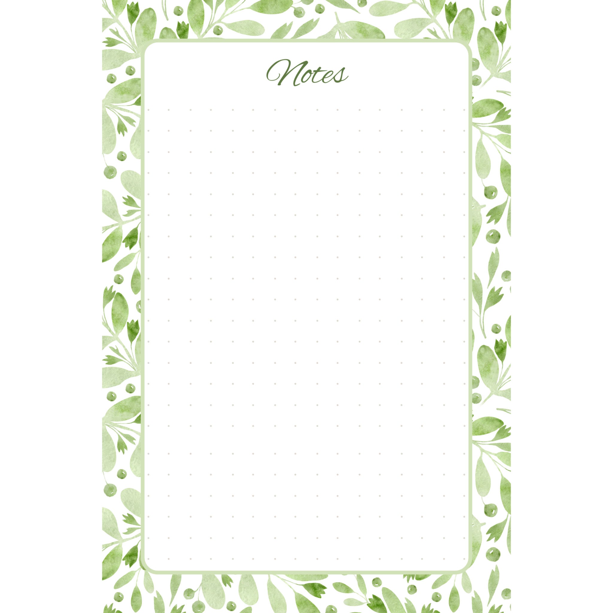 Front view of the Sage Botanica memo pad with layered sage-green foliage framing a spacious, subtly dotted writing panel.