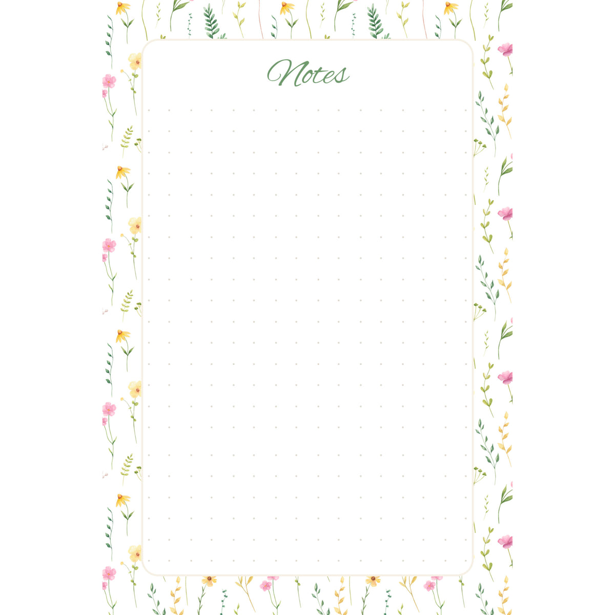 Front view of the Wildflower Meadow memo pad with slender pink and yellow flowers and green foliage framing a spacious, subtly dotted writing panel.