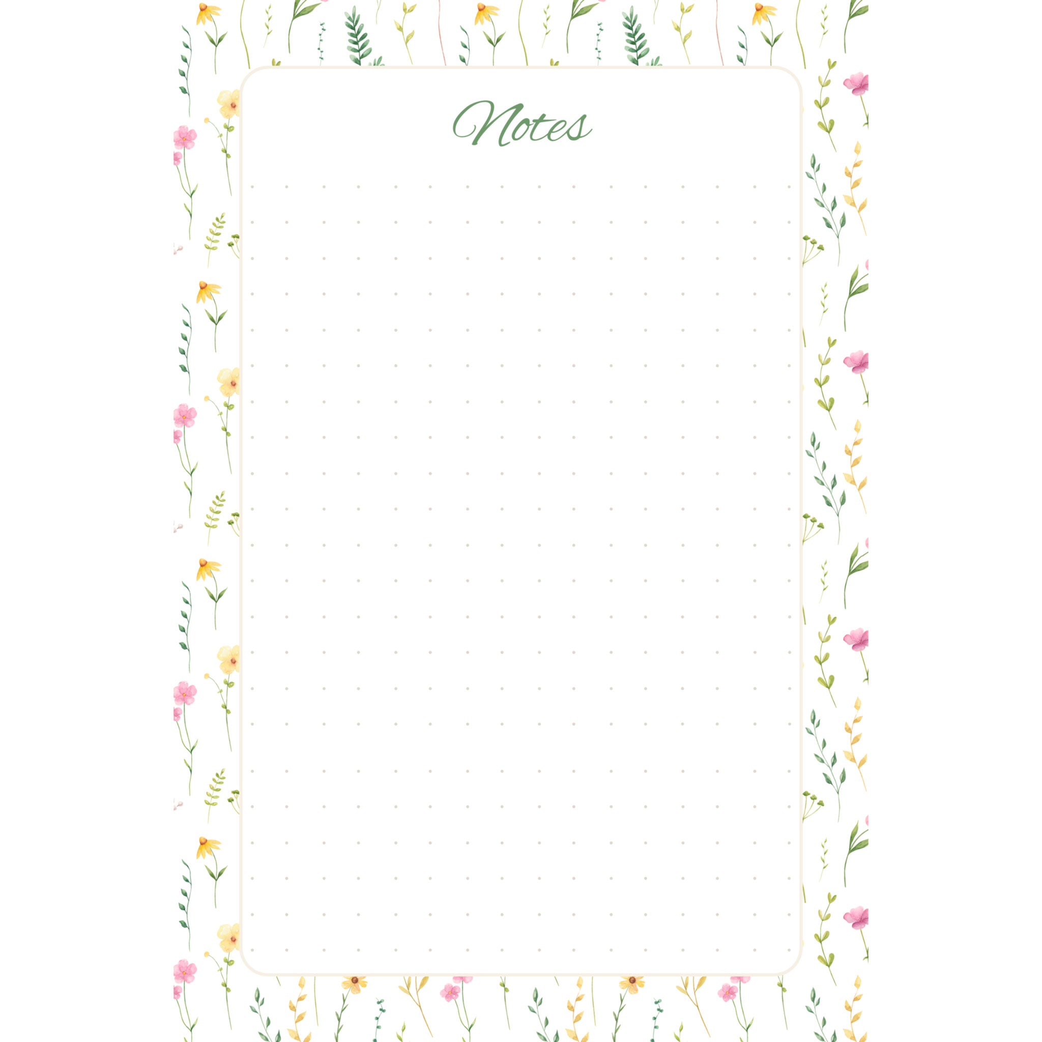 Front view of the Wildflower Meadow memo pad with slender pink and yellow flowers and green foliage framing a spacious, subtly dotted writing panel.