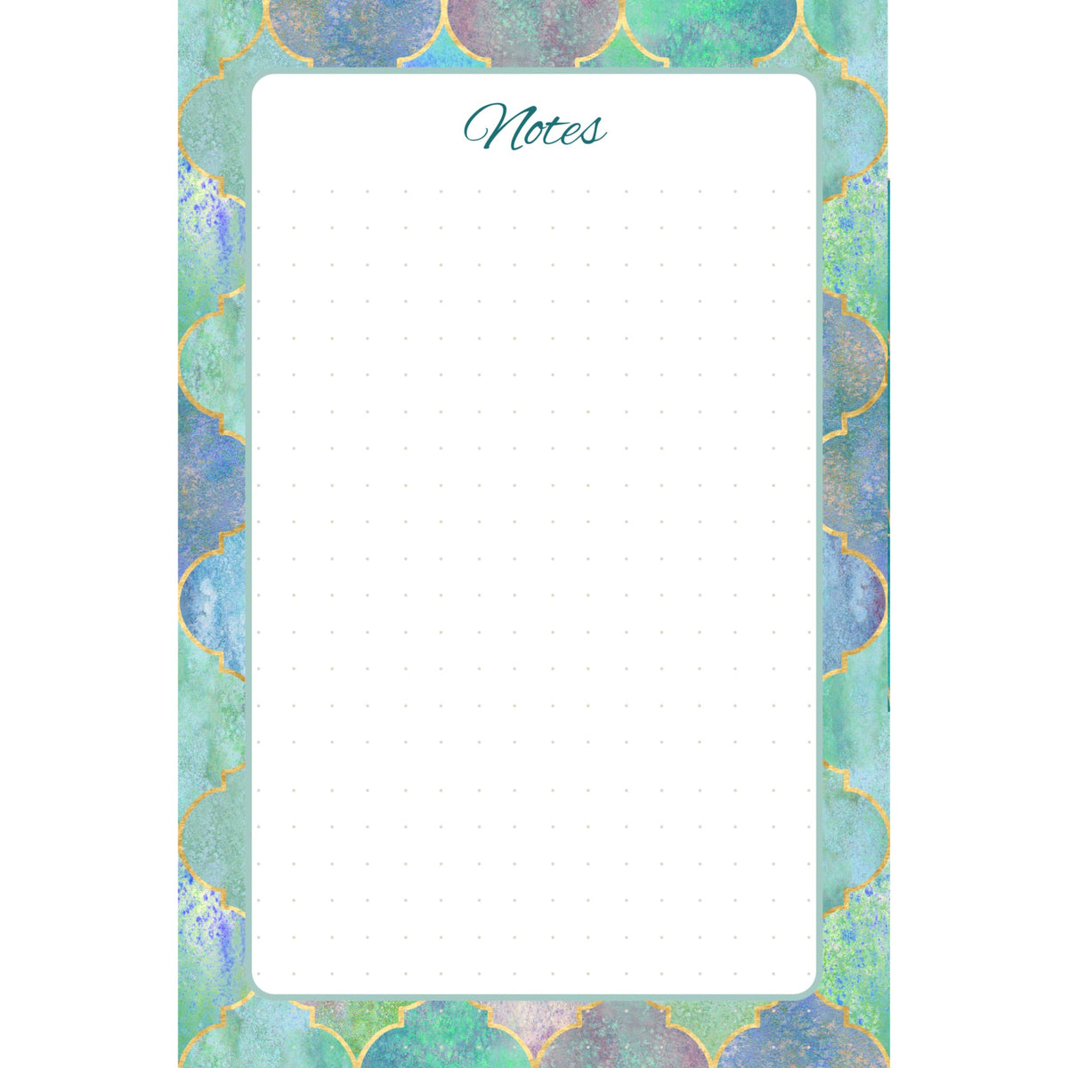 Front view of the Gilded Mosaic memo pad with a turquoise, blue, green, and violet geometric border surrounding a subtly dotted writing field.