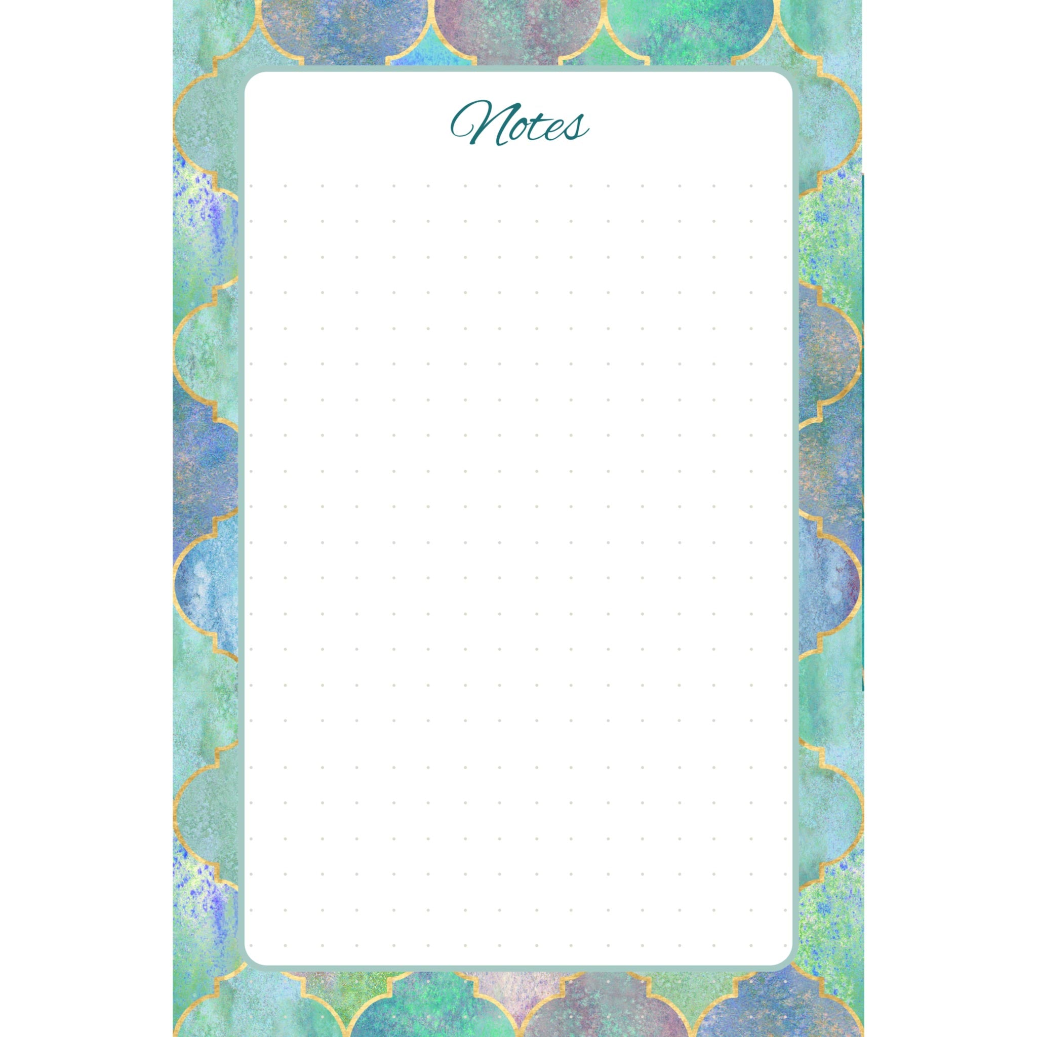Front view of the Gilded Mosaic memo pad with a turquoise, blue, green, and violet geometric border surrounding a subtly dotted writing field.