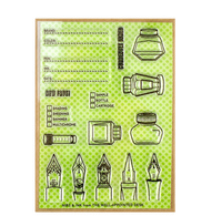 A flat sheet of craft paper with a light green and lime green polka dot background, featuring black line drawings of ink bottles, pens, and writing tools, along with dotted fields for brand, color, pen, ink, date, and new paper notes. The sheet is framed by a thin brown border.