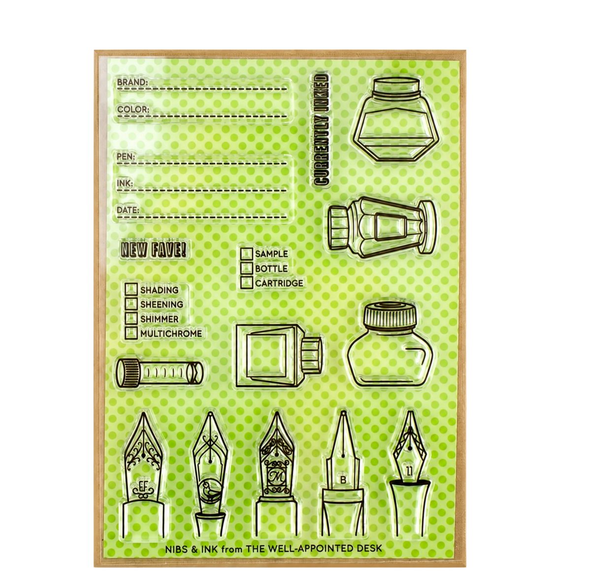 A flat sheet of craft paper with a light green and lime green polka dot background, featuring black line drawings of ink bottles, pens, and writing tools, along with dotted fields for brand, color, pen, ink, date, and new paper notes. The sheet is framed by a thin brown border.