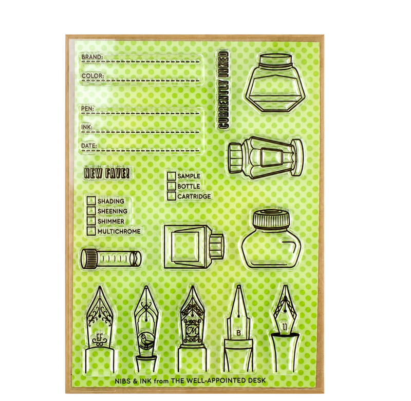 A flat sheet of craft paper with a light green and lime green polka dot background, featuring black line drawings of ink bottles, pens, and writing tools, along with dotted fields for brand, color, pen, ink, date, and new paper notes. The sheet is framed by a thin brown border.