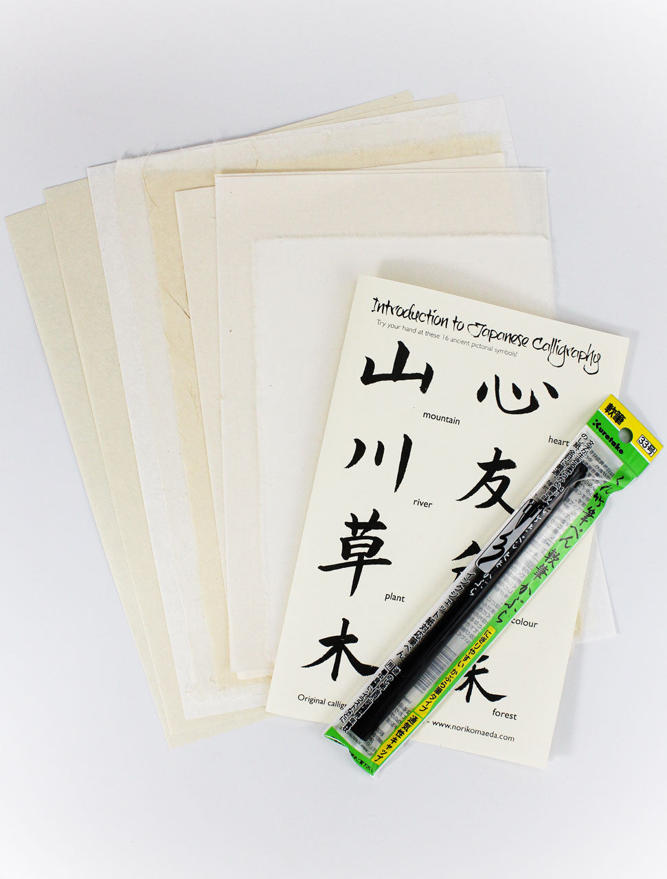 Open Japanese calligraphy kit with assorted Japanese papers, brush pen, and reference sheet featuring sixteen introductory kanji characters.