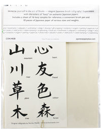 Back of the Japanese calligraphy kit showing sample kanji characters with English meanings and assorted Japanese practice papers.