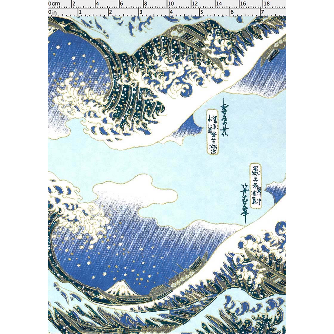 Close-up of hand silk-screen printed blue Chiyogami paper showing layered wave crests, fine linework, and dotted details.