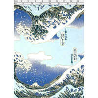 Close-up of hand silk-screen printed blue Chiyogami paper showing layered wave crests, fine linework, and dotted details.