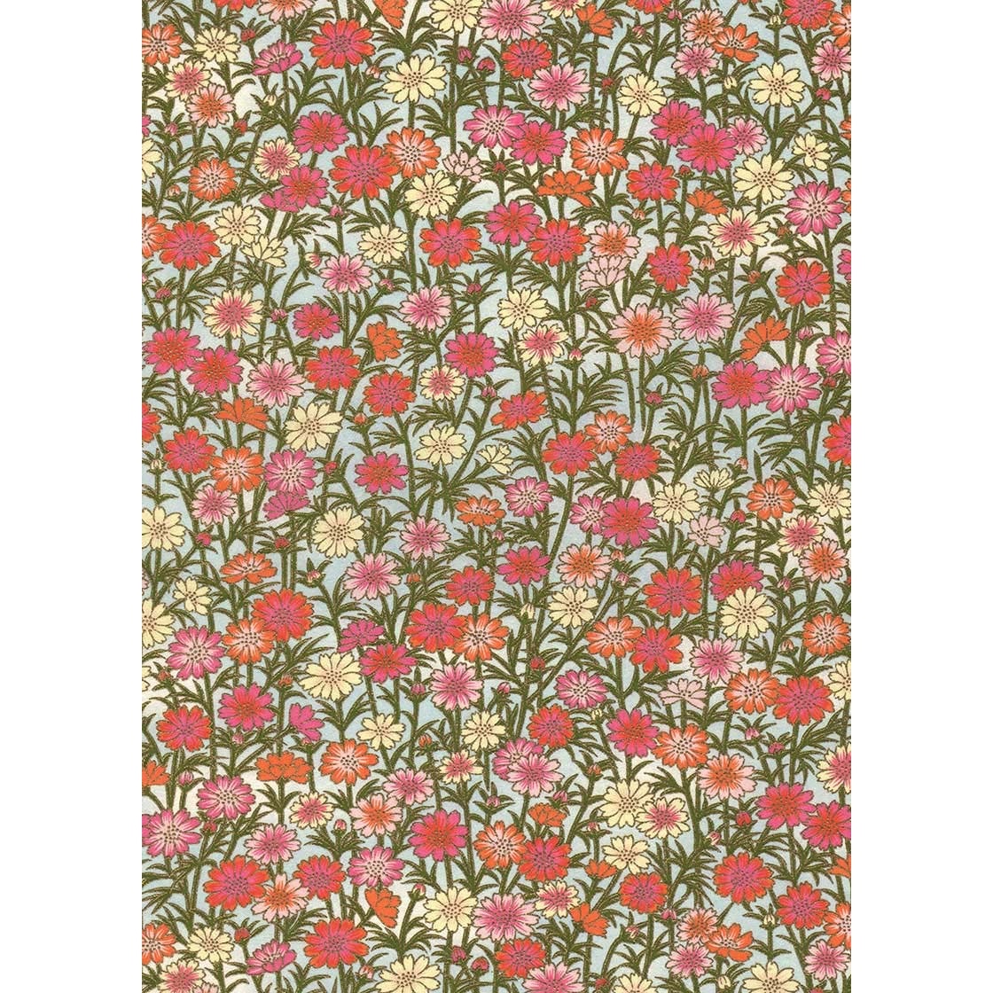 Multicolor Japanese Chiyogami paper with dense coral, pink, cream, and rose flowers on olive stems against a pale blue ground.