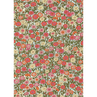 Multicolor Japanese Chiyogami paper with dense coral, pink, cream, and rose flowers on olive stems against a pale blue ground.