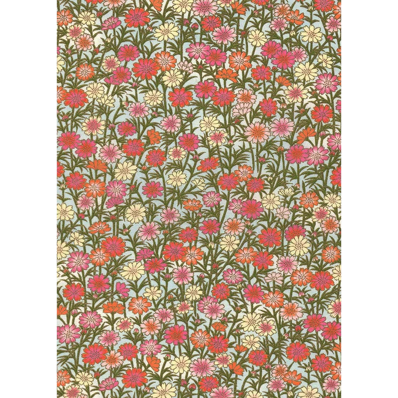 Multicolor Japanese Chiyogami paper with dense coral, pink, cream, and rose flowers on olive stems against a pale blue ground.