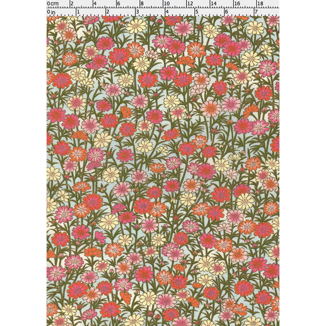 Close-up of hand silk-screen printed floral Chiyogami paper showing layered blossoms and fine olive-green stems.