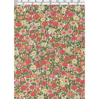 Close-up of hand silk-screen printed floral Chiyogami paper showing layered blossoms and fine olive-green stems.