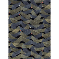 Japanese Chiyogami paper with overlapping folding fans in blue-gray and muted gold on a black ground, accented with small touches of red and ivory.