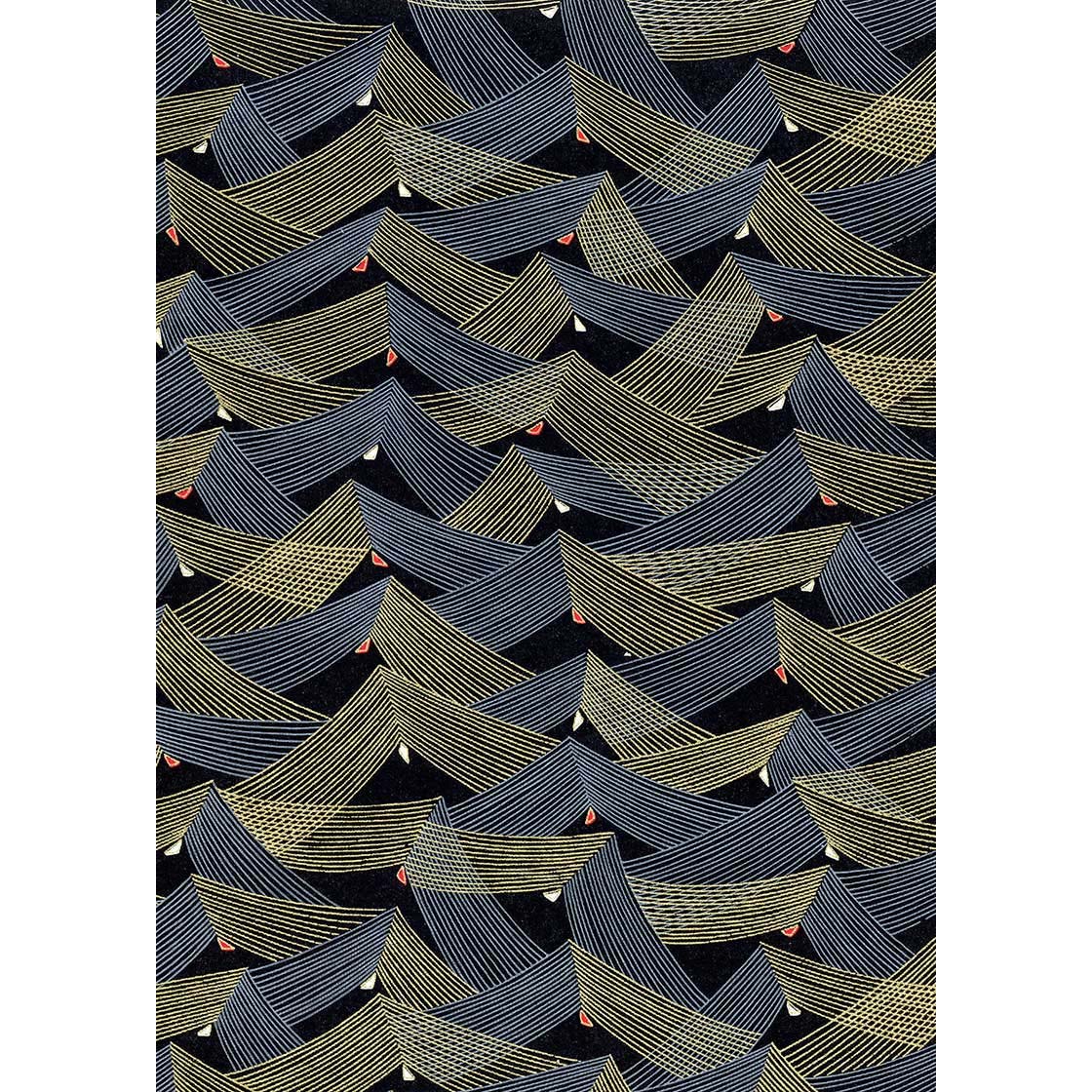 Japanese Chiyogami paper with overlapping folding fans in blue-gray and muted gold on a black ground, accented with small touches of red and ivory.