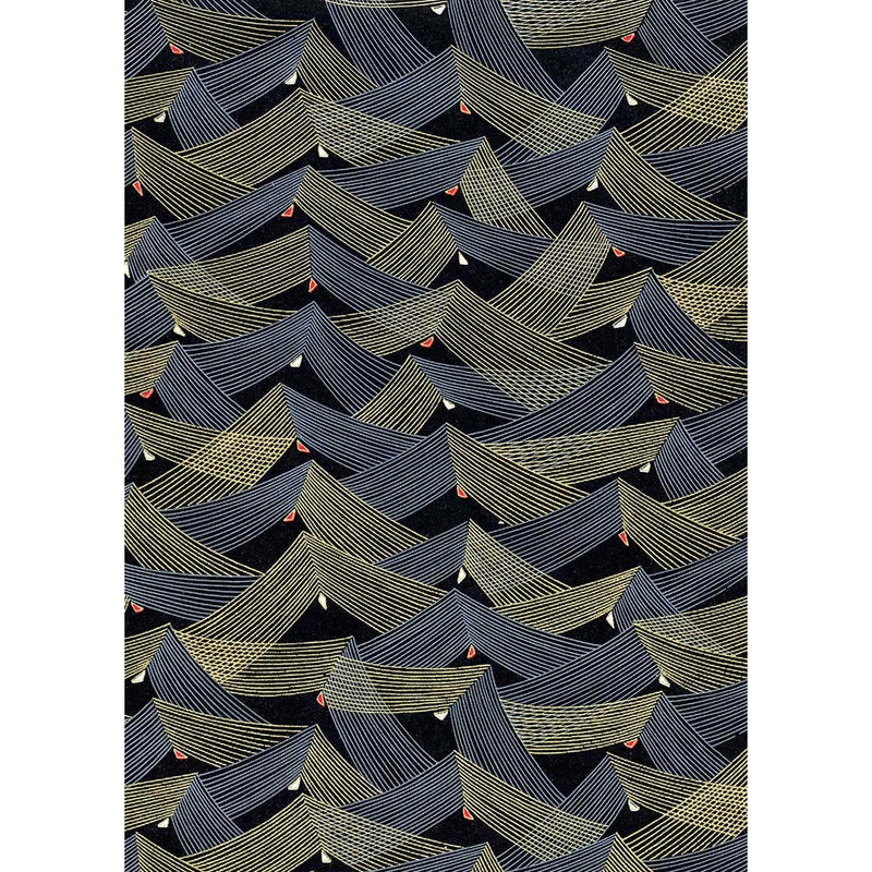 Japanese Chiyogami paper with overlapping folding fans in blue-gray and muted gold on a black ground, accented with small touches of red and ivory.