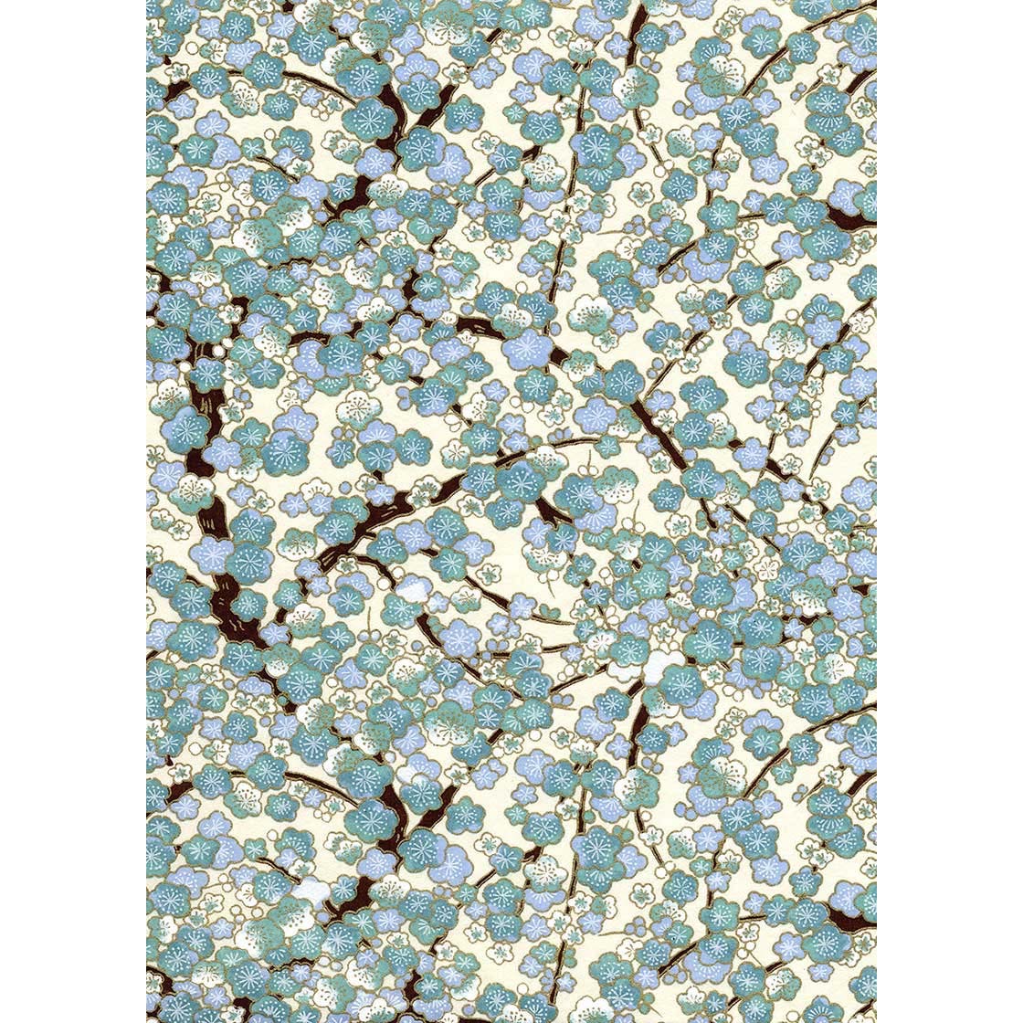 Japanese Chiyogami paper with dense turquoise, powder-blue, cream, and periwinkle blossoms on dark brown branches against an ivory ground.