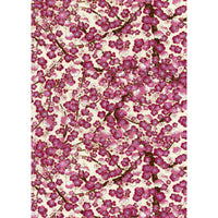Japanese Chiyogami paper filled with amethyst, plum, cream, and ivory blossoms on deep brown branching boughs.