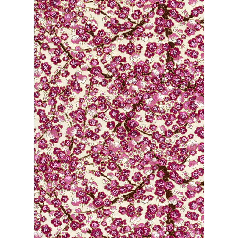 Japanese Chiyogami paper filled with amethyst, plum, cream, and ivory blossoms on deep brown branching boughs.