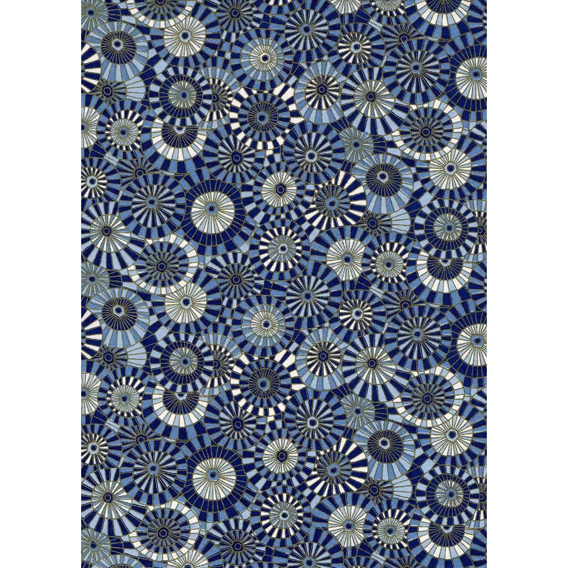 Japanese Chiyogami paper patterned with overlapping indigo, navy, cream, and slate-blue traditional parasols.