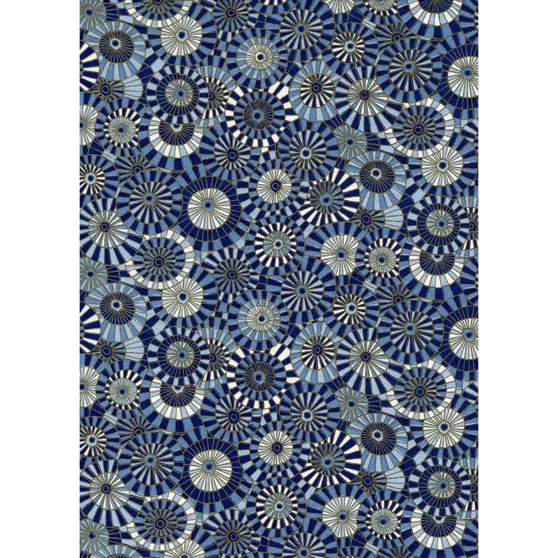 Japanese Chiyogami paper patterned with overlapping indigo, navy, cream, and slate-blue traditional parasols.
