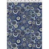 Close-up of hand silk-screen printed Chiyogami paper showing layered Japanese parasols with radiating spokes in indigo, cream, and blue.