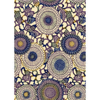 Japanese Chiyogami paper with large indigo and cream chrysanthemum blossoms, muted plum centers, olive leaves, and ochre details.