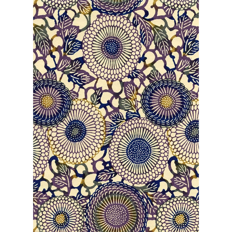 Japanese Chiyogami paper with large indigo and cream chrysanthemum blossoms, muted plum centers, olive leaves, and ochre details.