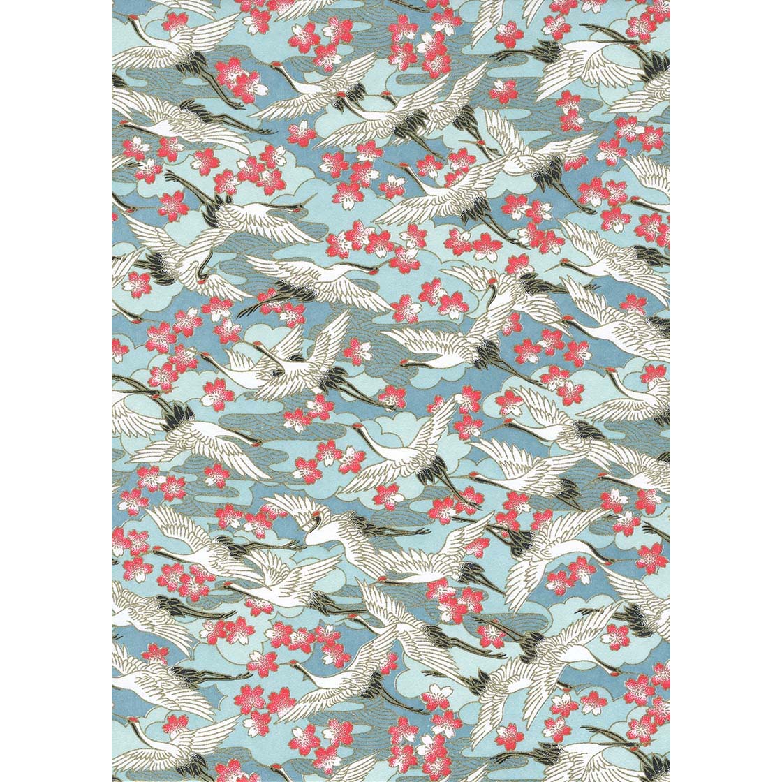 Japanese Chiyogami paper with ivory cranes in flight, coral and white blossoms, and layered blue forms on a turquoise background.