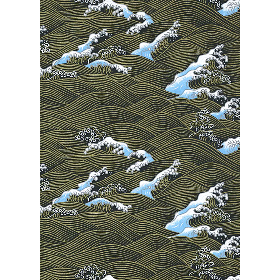 Japanese Chiyogami paper with layered black waves, fine gold-toned lines, and white and pale blue foaming crests.