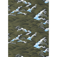 Japanese Chiyogami paper with layered black waves, fine gold-toned lines, and white and pale blue foaming crests.
