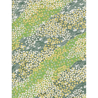 Japanese Chiyogami paper with layered green floral bands, white and yellow blossoms, leafy branches, and traditional wave motifs.