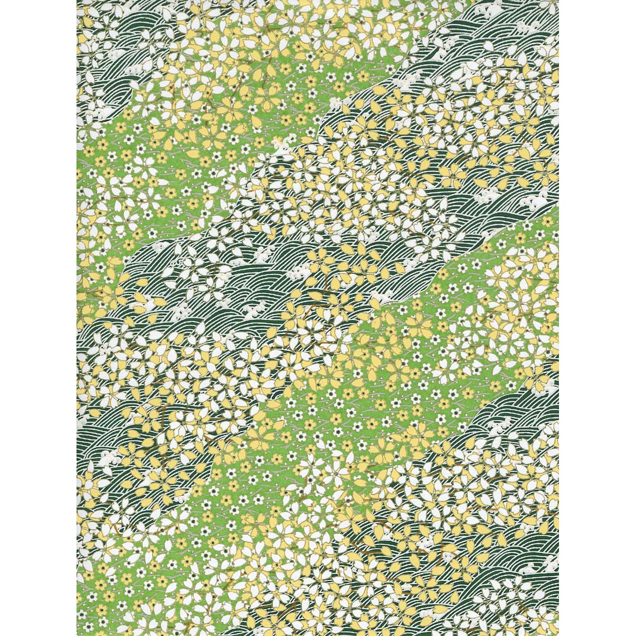 Japanese Chiyogami paper with layered green floral bands, white and yellow blossoms, leafy branches, and traditional wave motifs.