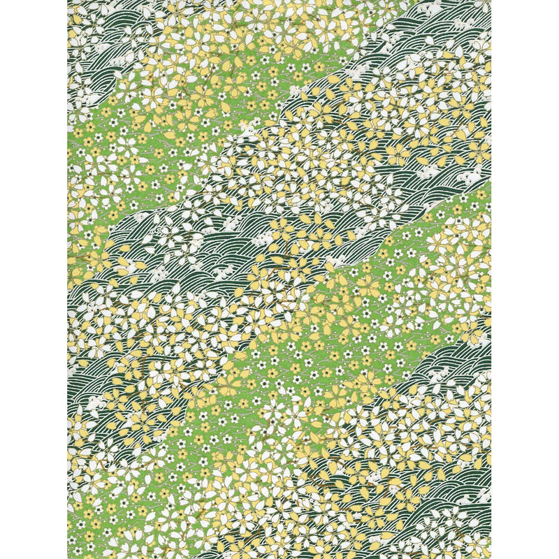 Japanese Chiyogami paper with layered green floral bands, white and yellow blossoms, leafy branches, and traditional wave motifs.