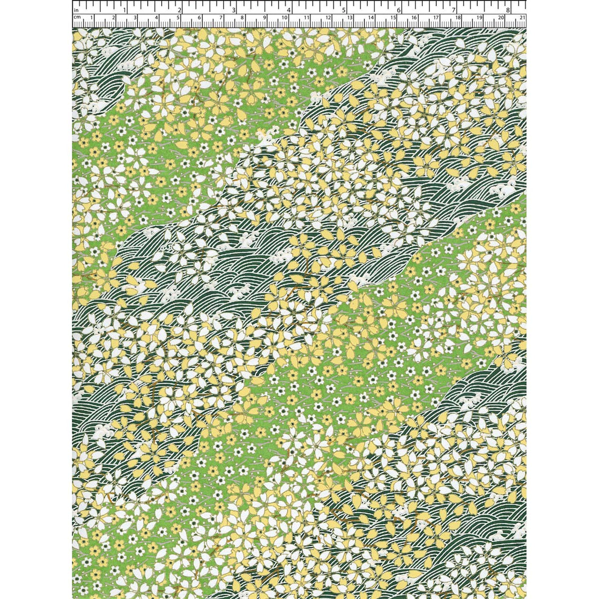 Close-up of hand silk-screen printed Chiyogami paper showing green garden bands, delicate blossoms, leafy branches, and dark wave patterns.