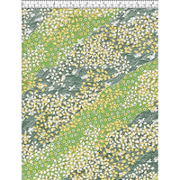 Close-up of hand silk-screen printed Chiyogami paper showing green garden bands, delicate blossoms, leafy branches, and dark wave patterns.