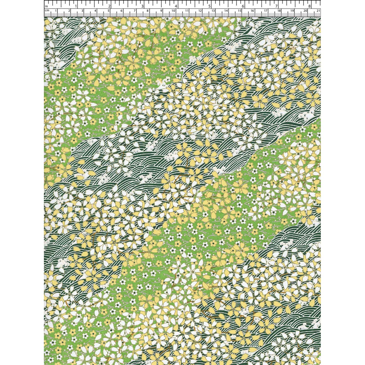 Close-up of hand silk-screen printed Chiyogami paper showing green garden bands, delicate blossoms, leafy branches, and dark wave patterns.