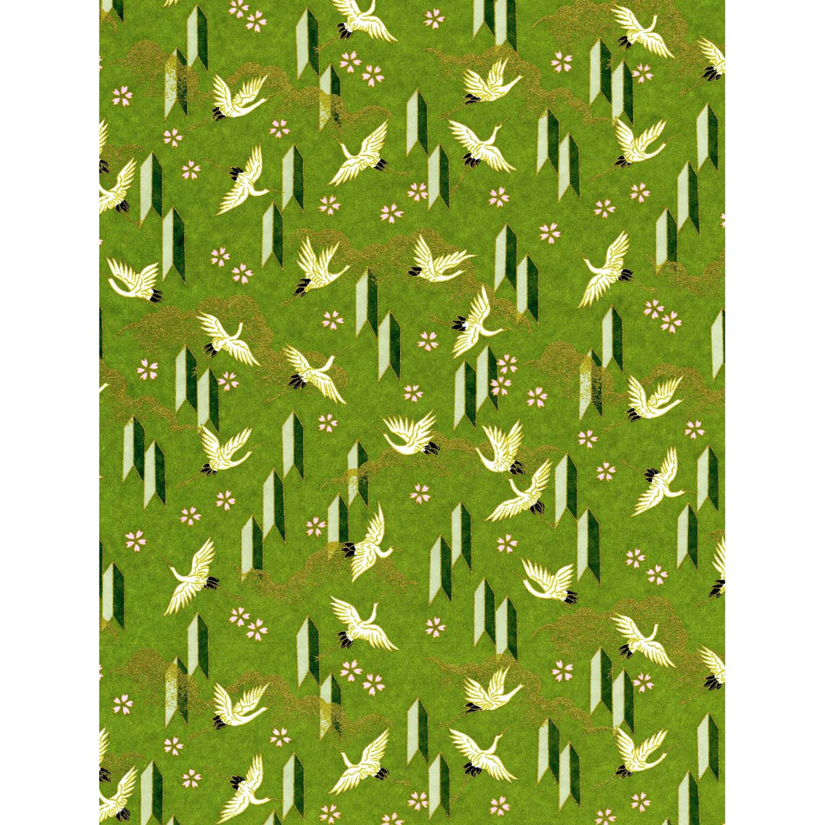Japanese Chiyogami paper with white cranes, tiny pink blossoms, and geometric green accents on a layered moss-green background.