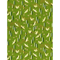Japanese Chiyogami paper with white cranes, tiny pink blossoms, and geometric green accents on a layered moss-green background.