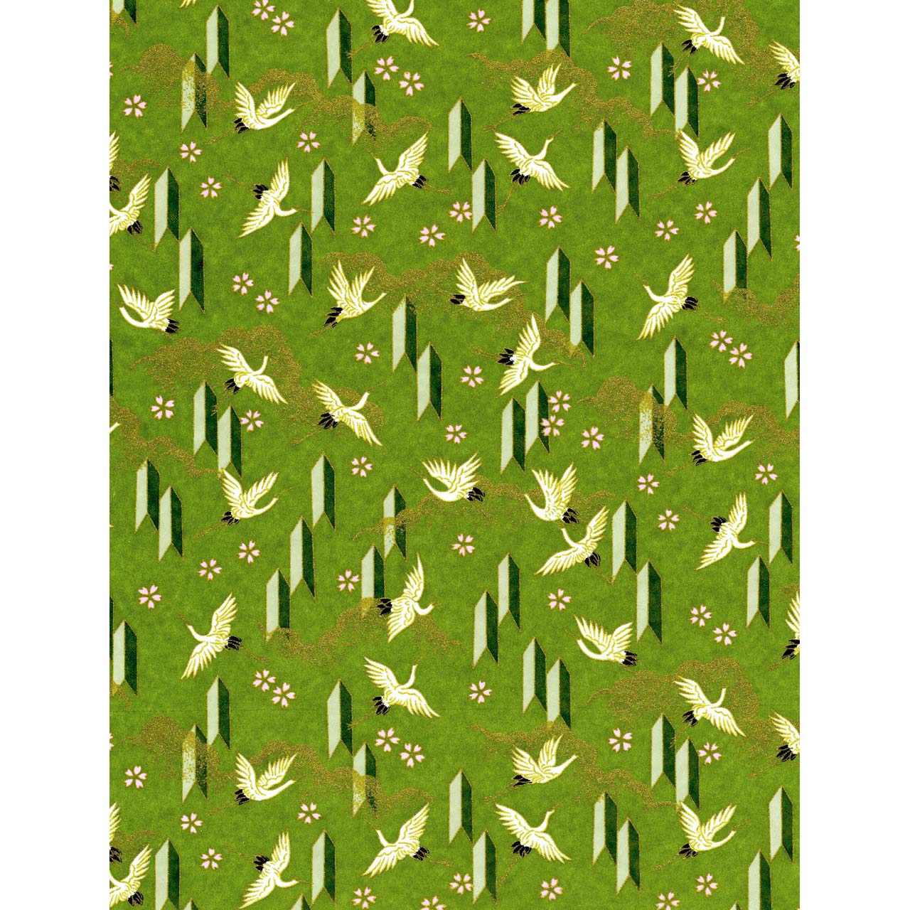 Japanese Chiyogami paper with white cranes, tiny pink blossoms, and geometric green accents on a layered moss-green background.