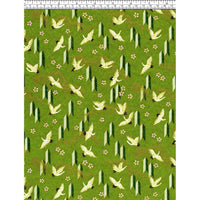 Close-up of hand silk-screen printed Chiyogami paper showing ivory cranes in flight, small blossoms, and angular motifs on green.
